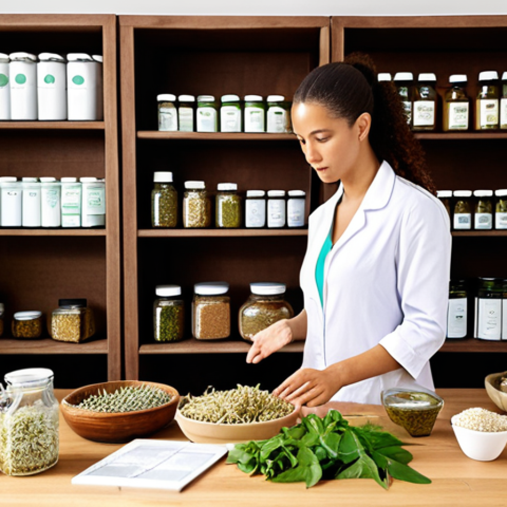 A person consulting with a wellness expert about personalized diet and lifestyle changes based on body type, focusing on natural remedies and holistic balance rather than strict weight loss. The setting should be a bright, nature-filled office with herbal remedies displayed.