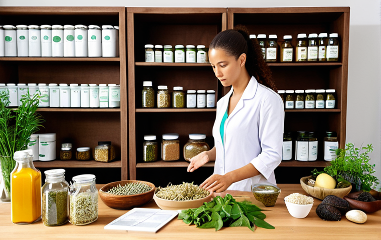 A person consulting with a wellness expert about personalized diet and lifestyle changes based on body type, focusing on natural remedies and holistic balance rather than strict weight loss. The setting should be a bright, nature-filled office with herbal remedies displayed.